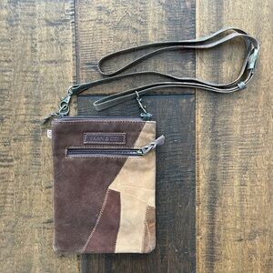 Vaan & Co brown leather and suede patchwork zebra striped crossbody bag. 8” x 6”